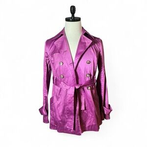 BCX Double Breasted Belted Trench Coat Jacket Women's Size M Purple Satin Look